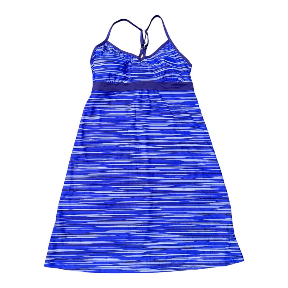 Athleta Shorebreak Swim Dress Blue Striped Racerback Built-in Bra sz medium